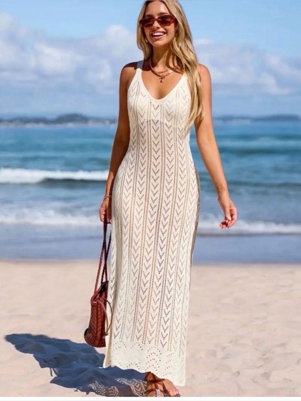 FRESHMAN 1996 Cream Knit Sleeveless Maxi Dress Size Medium